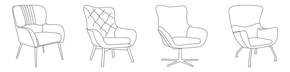 Chairs in linear style vector set. Icons of soft chairs vector. chairs for sitting vector. Armchairs in loft style vector.