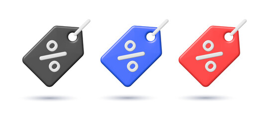 3d discount price tag with percent sign. Sale label, coupon, voucher, special offer, seasonal sale, deal sticker, black friday. Promotion design elements illustration isolated on white background.