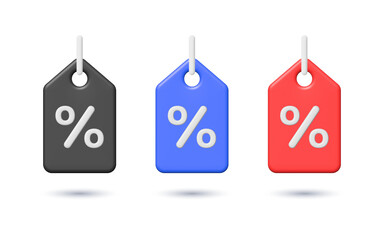 3d discount price tag with percent sign. Sale label, coupon, voucher, special offer, seasonal sale, deal sticker, black friday. Promotion design elements illustration isolated on white background.
