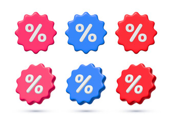 3d discount, sale icon with percentage sign. Price tag template set. Special offer, seasonal deal, sticker collection. Circle badge promotion coupon. Isometric design elements isolated on white.