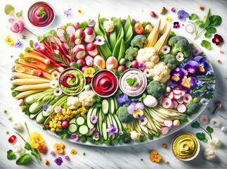 Easter Celebration Vegetable Platter with Hummus and Edible Flowers