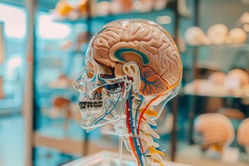 Detailed anatomical model of the human brain and skull used for educational purposes in a classroom setting.