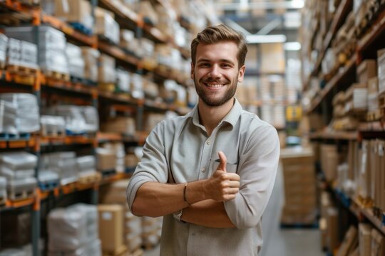 Portrait of a male supervisor stands in warehouse with thumbs up satisfied with the sales putting his thumb on