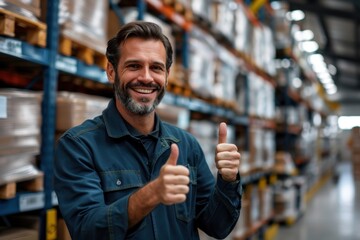 Obraz premium A male supervisor stands in warehouse with thumbs up and smiles looking at the camera with a happy with thumbs up satisfied with the sales