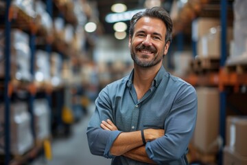 A male supervisor stands in shipping warehouse with smiles looking at the camera with a happy with satisfied with the sales
