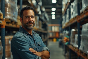 Fototapeta premium A male supervisor stands in shipping warehouse with smiles looking at the camera with a happy with satisfied with the sales