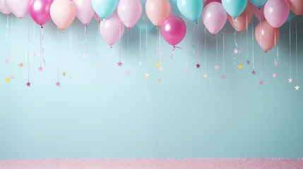 Foto op Plexiglas Baby shower - Minimalistyczne tło na życzenia urodzinowe - pastelowa tapeta z balonami © yeseyes9
