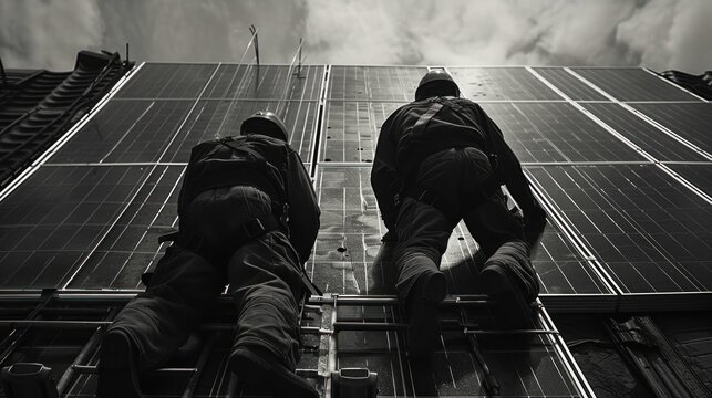 An installer of solar panels works as a solar cell installer to replace solar energy on the roof of an industrial factory.