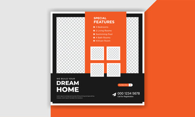 Real estate social media post design. Marketing social media post banner design.  Home sale Instagram post template.