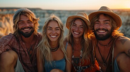 essence of friendship shared experiences deepen bonds in smiling group friends  breathtaking landscape