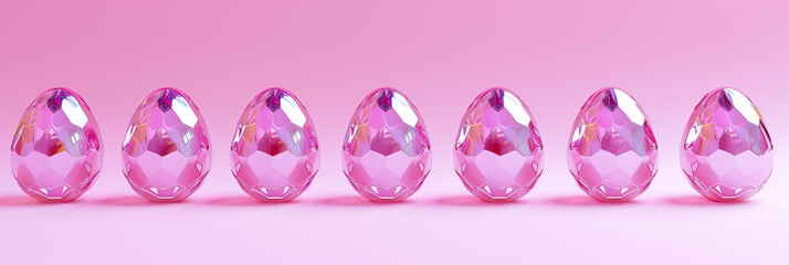 Easter pink faceted shiny eggs lined up in a row. Illustration, pink banner on a pink background. Religious holiday concept, traditions