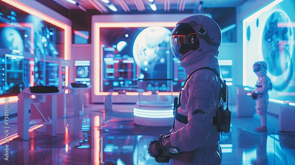 Poster astronaut in a futuristic spacecraft control room an astronaut stands contemplatively in a high-tech