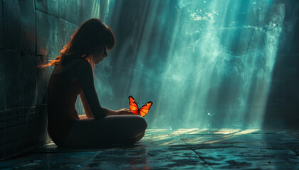 Silhouette of a sitting on the floor sad woman with an orange butterfly . Self-Injury Awareness Day concept