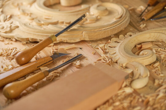 Old carpentry tools on a workbench closeup, woodworking, craftsmanship and handwork concept