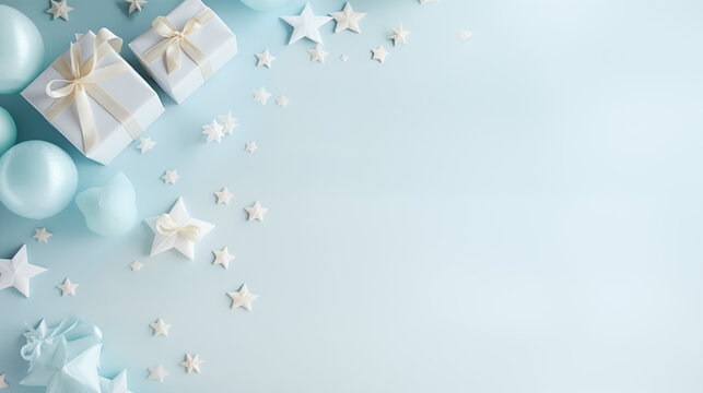 Urodzinowe minimalistyczne jasne tło na życzenia lub metryczkę z balonami i dekoracjami - narodziny dziecka - chłopca.