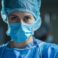 Fototapeta na wymiar Young female surgeon wearing surgical mask and cap concentrating in a modern operating theater.