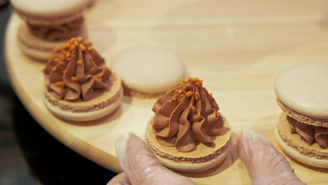 Close up video of making macaroons at home on kitchen.
