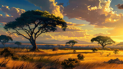 Safari through the wild world of the Maasai Mara National Park in Kenya. Here you can see antelope, zebra, elephant, lions, giraffes and many other African animals. Pro Photo,,
At sunset a savannah w
 - obrazy, fototapety, plakaty