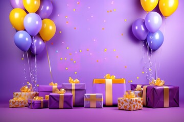 Small large gift boxes are purple and yellow, balloons are purple and yellow, with purple background 