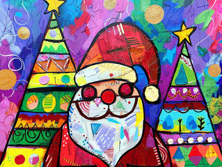 Seasonal holiday themes pop art Santa vibrant Christmas trees