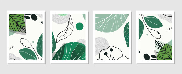 set of abstract vector backgrounds featuring tropical leaves. Hand-drawn textures suitable for wall decoration, postcard designs, or brochure covers.