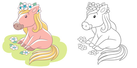 Horse on the floral field. Cute baby animal character. Set with a coloring page and colorful cartoon illustration.
