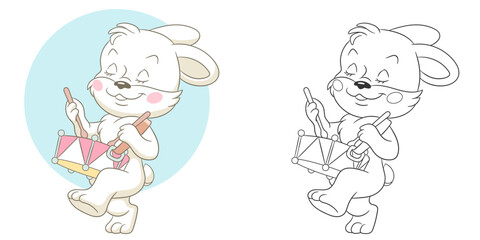 Bunny drummer playing music. Cute baby animal character. Set with a coloring page and colorful cartoon illustration.