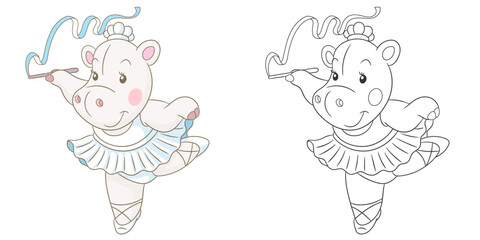 Ballerina hippo girl in white dress. Cute baby animal character. Set with a coloring page and colorful cartoon illustration.
