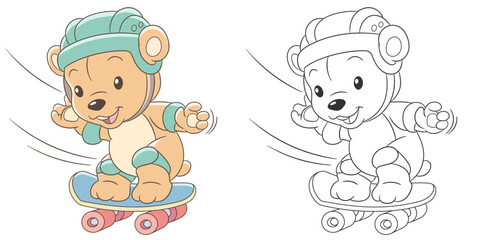 Teddy bear skateboarding. Cute baby animal character. Set with a coloring page and colorful cartoon illustration.