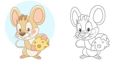 Mouse with a piece of cheese. Cute baby animal character. Set with a coloring page and colorful cartoon illustration.