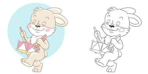 Rabbit playing the drum. Cute baby animal character. Set with a coloring page and colorful cartoon illustration.