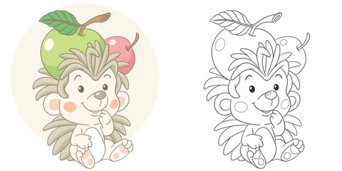 Hedgehog with apples. Cute baby animal character. Set with a coloring page and colorful cartoon illustration.