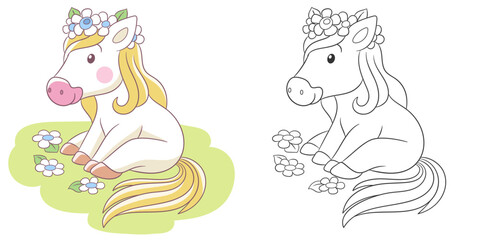 Little pony among daisy flowers. Cute baby animal character. Set with a coloring page and colorful cartoon illustration.