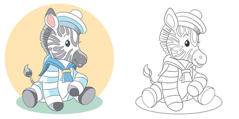 Zebra sailor in a captain hat. Cute baby animal character. Set with a coloring page and colorful cartoon illustration.