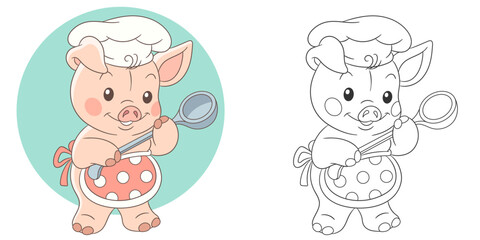Little pig in a chef hat cooking. Cute baby animal character. Set with a coloring page and colorful cartoon illustration.