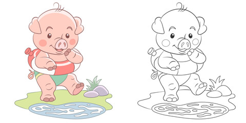 Little pig swimming with a lifebuoy. Cute baby animal character. Set with a coloring page and colorful cartoon illustration. © CraftyKittyArt