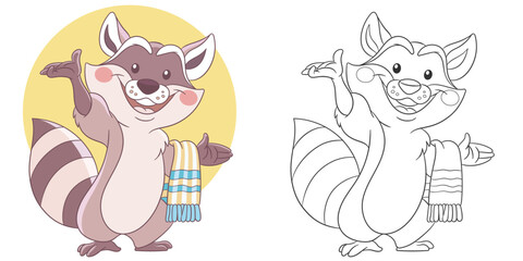 Raccoon taking shower. Cute baby animal character. Set with a coloring page and colorful cartoon illustration.