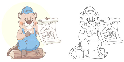 Beaver planing to build a house. Cute baby animal character. Set with a coloring page and colorful cartoon illustration.