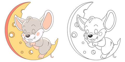 Mouse sleeping on a cheese moon. Cute baby animal character. Set with a coloring page and colorful cartoon illustration.