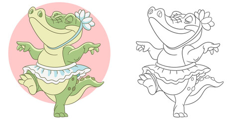 Ballerina crocodile girl in skirt. Cute baby animal character. Set with a coloring page and colorful cartoon illustration.