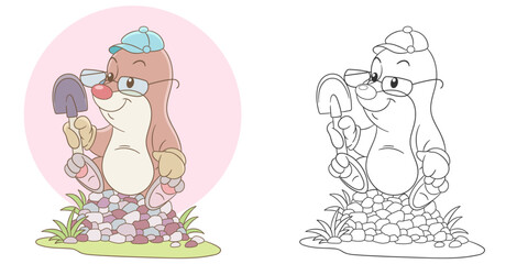Mole digging ground with his spade. Cute baby animal character. Set with a coloring page and colorful cartoon illustration.	
