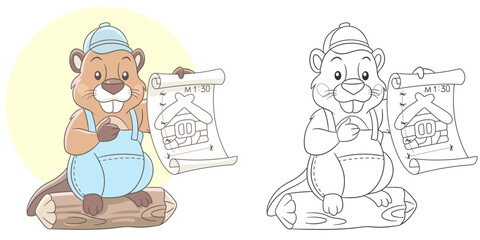 Beaver with a project of his wood house. Cute baby animal character. Set with a coloring page and colorful cartoon illustration.