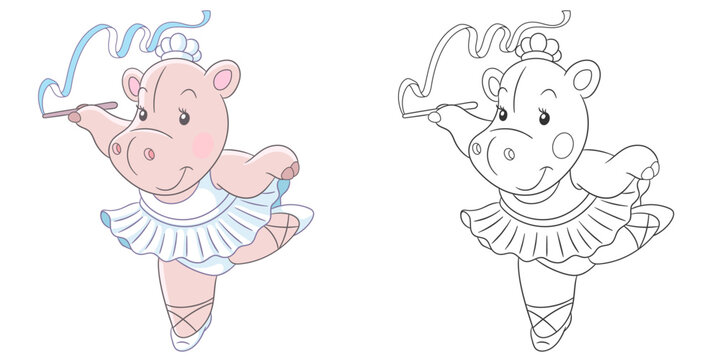 Hippo ballet or rhythmic gymnastics dancing. Cute baby animal character. Set with a coloring page and colorful cartoon illustration.