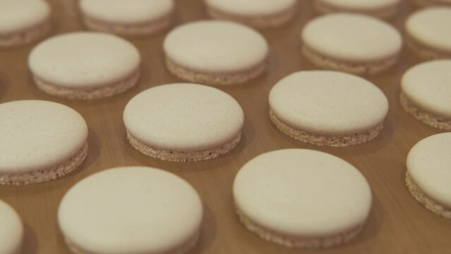 Close up video of macaroons cookies fresh baked.