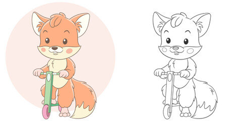 Fox riding electric scooter. Cute baby animal character. Set with a coloring page and colorful cartoon illustration.