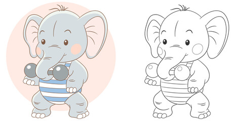 Strong elephant bodybuilder. Cute baby animal character. Set with a coloring page and colorful cartoon illustration.