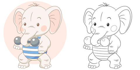 Elephant doing sports. Cute baby animal character. Set with a coloring page and colorful cartoon illustration.
