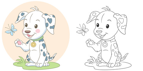 Dalmatian puppy and butterfly. Cute baby animal character. Set with a coloring page and colorful cartoon illustration.