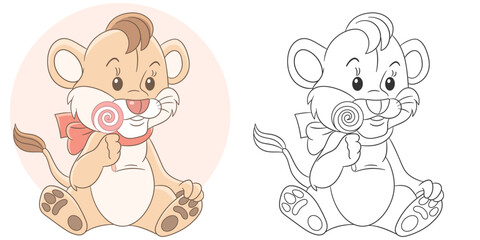 Lion cub with a lollipop. Cute baby animal character. Set with a coloring page and colorful cartoon illustration.