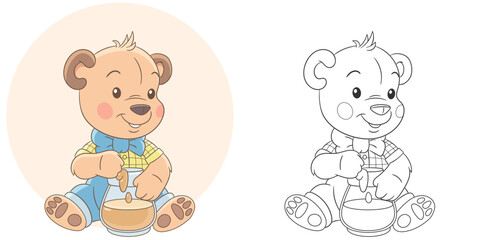 Teddy bear eating honey. Cute baby animal character. Set with a coloring page and colorful cartoon illustration.